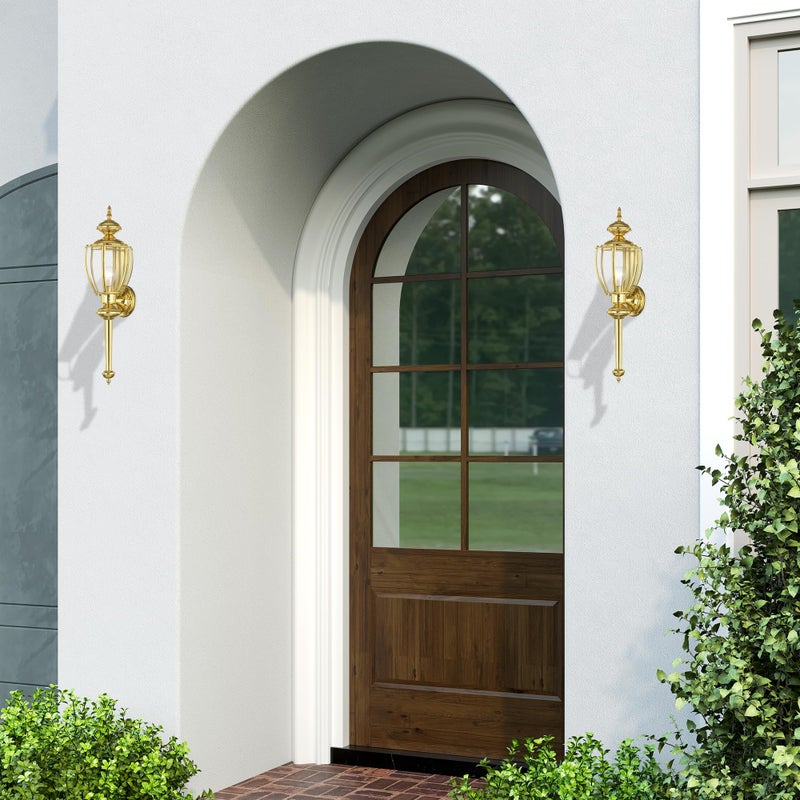 Livex Lighting 2112-02 Outdoor Wall Lantern with Clear Beveled Glass Shades, Polished Brass - Image 1